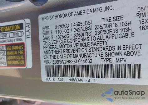 2019 Honda Cr-V Ex-L from USA, damaged, VIN 5J6RW2H83KL011632